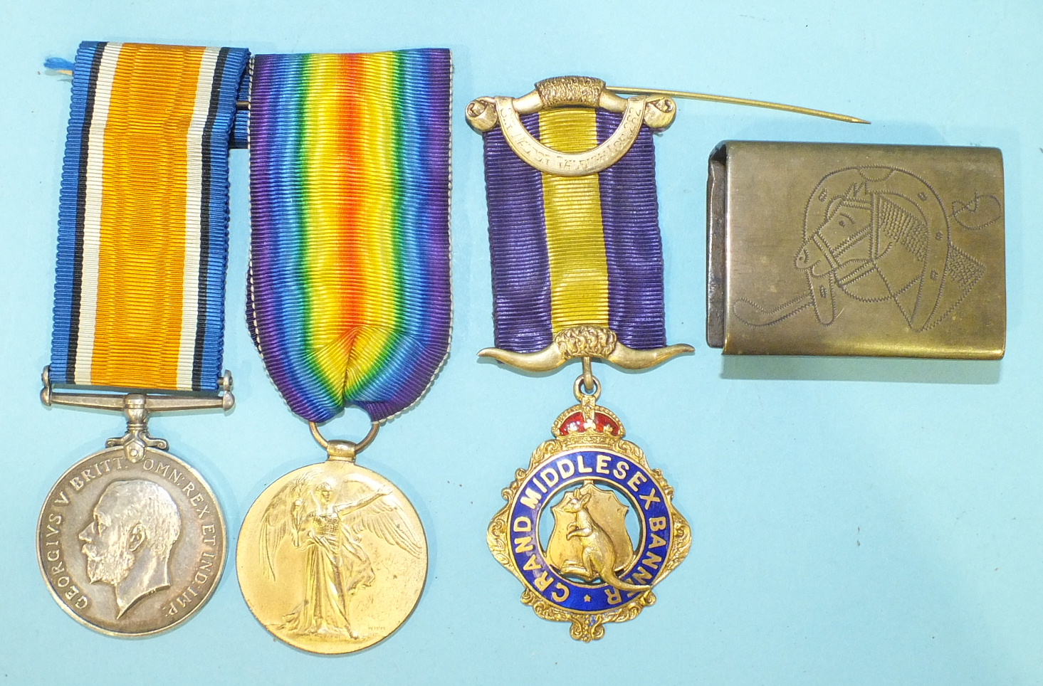 A WWI pair awarded to SE25507 Pte R G Lapper AVC, a trench art brass matchbox cover, etc.