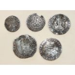 An Edward I hammered silver penny and four other hammered silver coins, (a/f), (5).