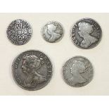 Five Queen Anne silver coins: half-crown 1709 (Octavo), shilling 1703, 1711, sixpence 1710 and
