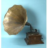 An early-20th century oak Zonophone horn table-top gramophone, the stepped case with Zonophone