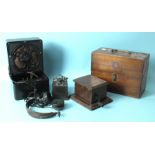 A small crystal radio set with headphones, a KB folding Bakelite radio and two GPO items, (all a/f),