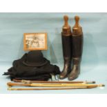 A hunting bowler hat by Tress & Co. Ltd for Moss Bros & Co. Ltd, a pair of riding boots, (size 5½