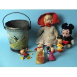A Korky the Cat lithographed tinplate bucket, a Disney Mickey Mouse puppet, (a/f) and other items.