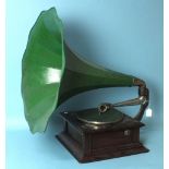 An HMV table-top gramophone with mahogany case and painted horn, base 39 x 39cm, 59cm diameter.