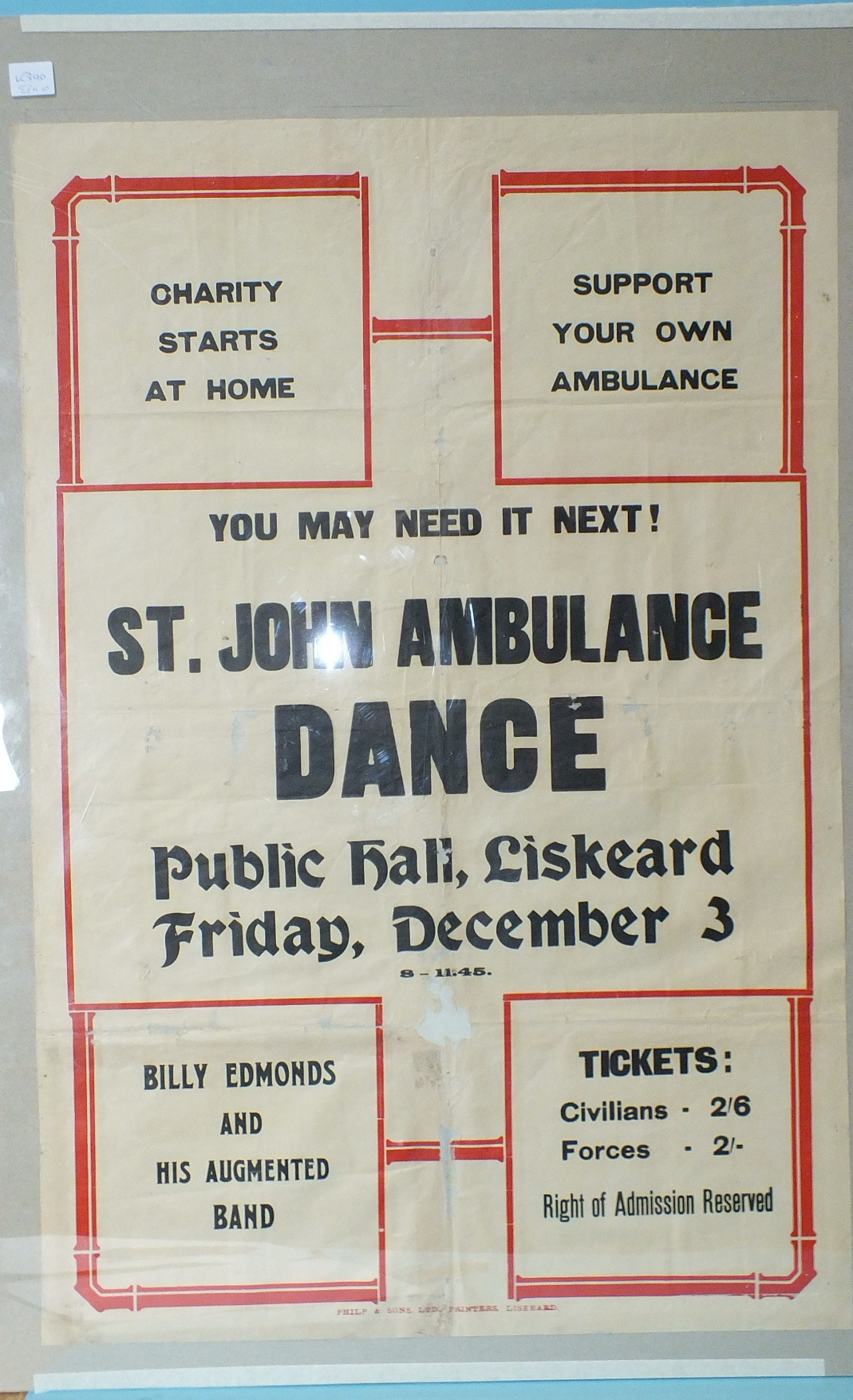 A 1943 poster "St John Ambulance Dance, Public Hall, Liskeard, Friday December 3, Billy Edmonds - Image 2 of 4