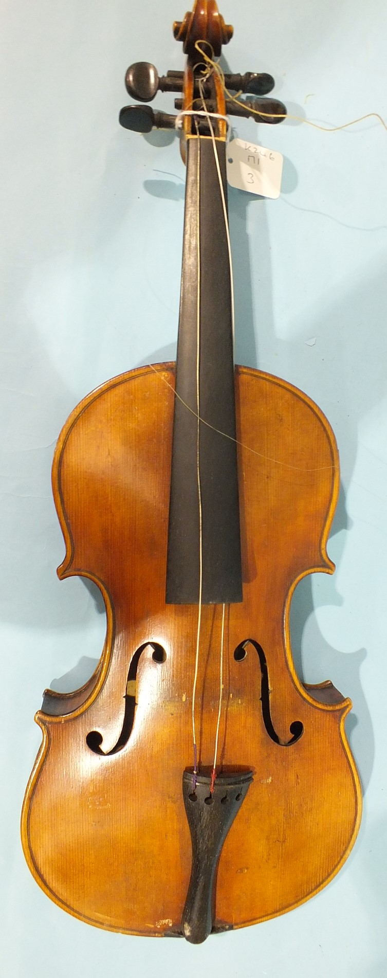 A Continental full-sized violin, with two-piece back and mother-of-pearl-inlaid ebony pegs, - Image 2 of 11