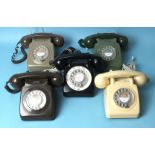 Five British Telecom plastic telephones, (5).