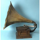 An early-20th century horn table-top gramophone with "Exhibition" Gramophone Co. Ltd pick-up, the