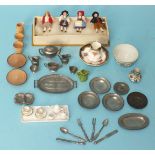 A collection of Edwardian doll's house crockery, cutlery, etc, including metal and china tea sets, a