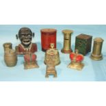 A Starkies Patent cast aluminium money box, three cast metal crown money boxes, a tinplate post