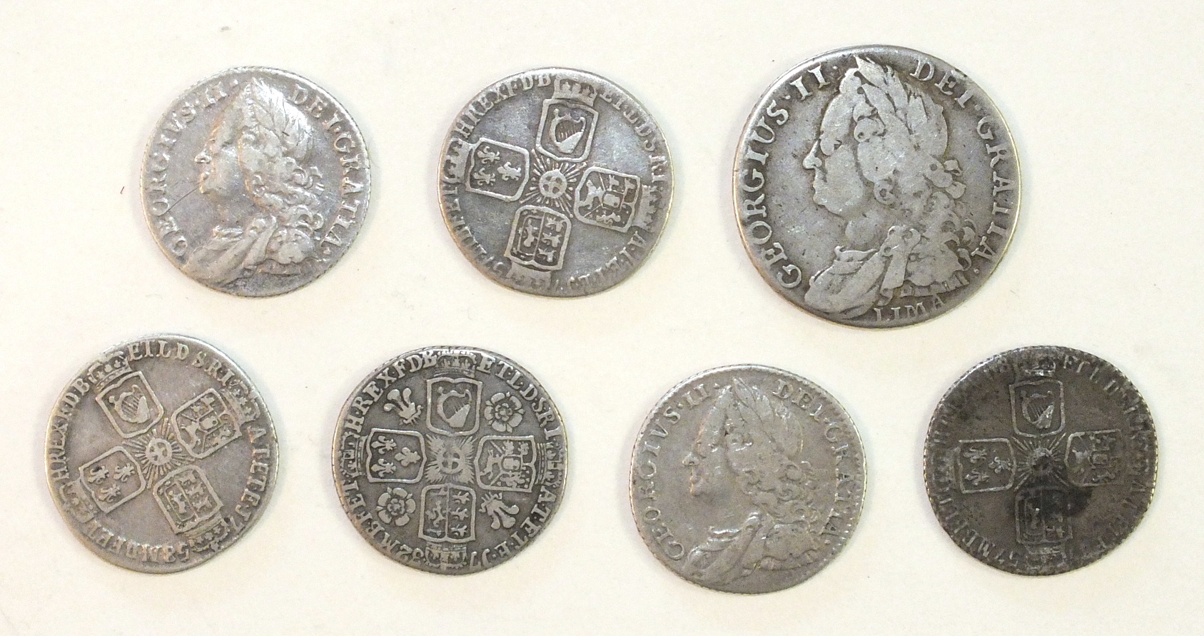 A George II shilling 1745 (Lima), sixpence 1732, 1757 (x4), 1758, (7). - Image 2 of 2