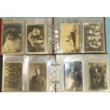 A collection of 248 postcards contained in two albums, including many WWI RP portraits, battleships,