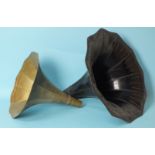 A large Japanned gramophone horn, 56cm and a smaller brass horn, 42cm, (2).