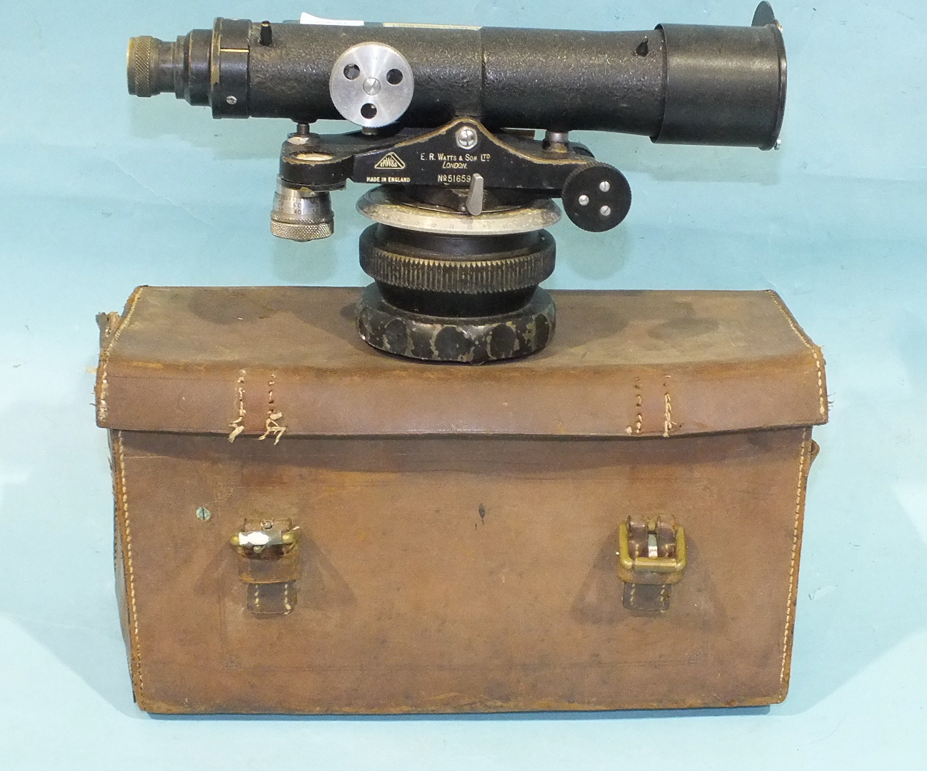 E R Watts & Son, London, a bronze theodolite, numbered 51659, finished black with levelling bubble