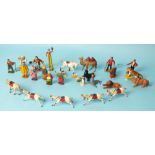 A quantity of lead and aluminium circus figures by Timpo, Wendal, etc, including clowns (x6), man on