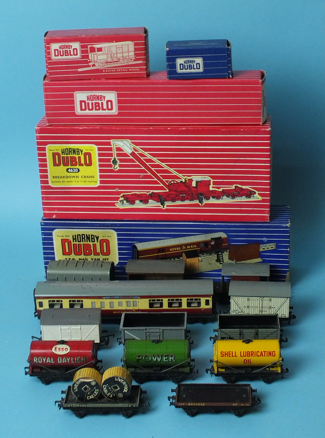 Hornby Dublo, 4620 Breakdown Crane, 2400 T P O Mail Van Set, a wagon and a container, all boxed, one