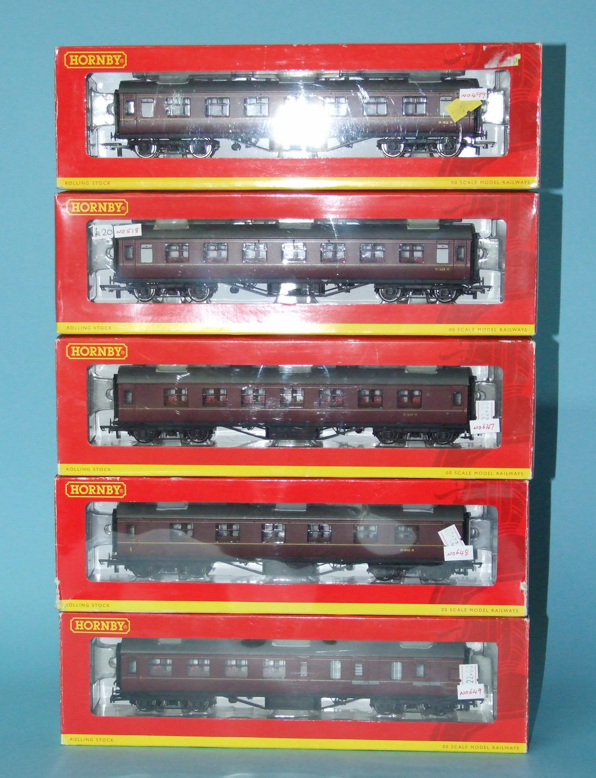 Hornby OO gauge, five BR (Ex LMS) corridor coaches: 4234A, 4235 (X2), 4235A and 4236, (all