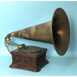 A "Cockleshell" Monarch gramophone by Gramophone & Typewriter Ltd, c1908, with brass horn, gold