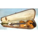 A full-size violin, the two-piece back and rosewood pegs, 14", cased and another, in case with