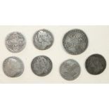 A George II shilling 1745 (Lima), sixpence 1732, 1757 (x4), 1758, (7).