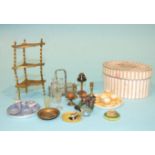 A collection of Edwardian and later dolls house furniture, crockery and glass, including a metal