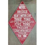 An early-20th century cast iron railway sign of lozenge shape, painted white on red, "Notice. This