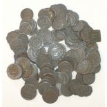 Approximately 160 various pressed-tin trade tokens.