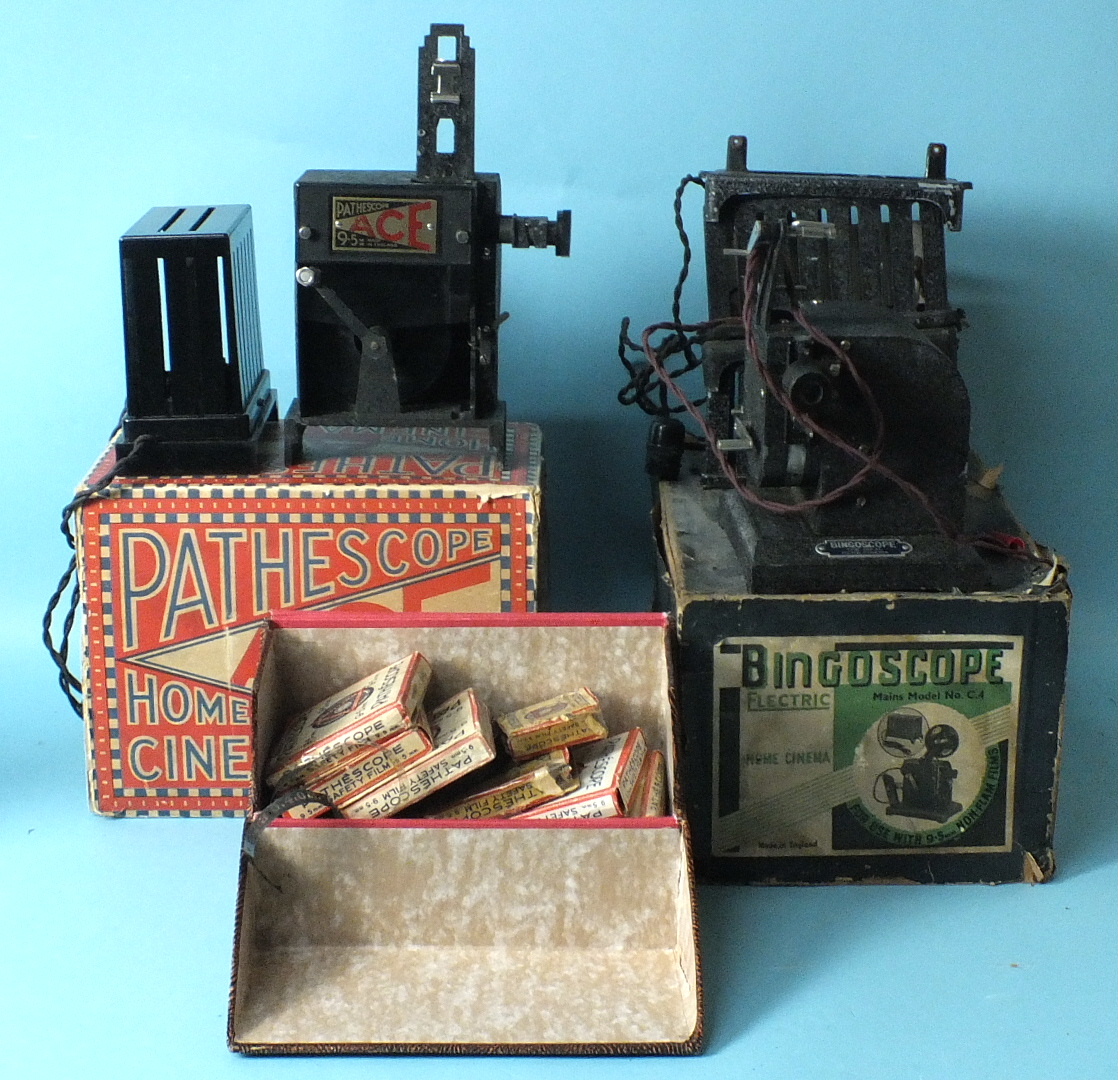 A Bingoscope Model C4 home cinema projector, boxed, a Pathéscope Ace home cinema projector, boxed