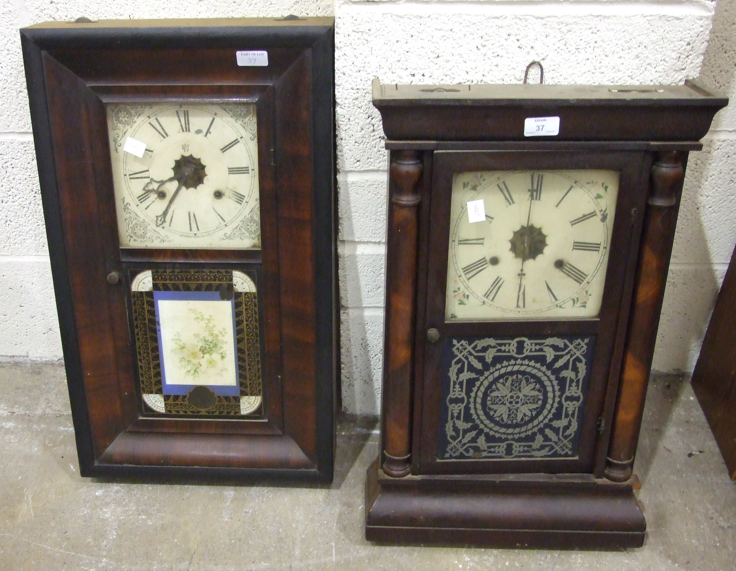 A striking wall clock with inlaid case, 90cm high and two American striking wall clocks, (a/f), ( - Image 2 of 2