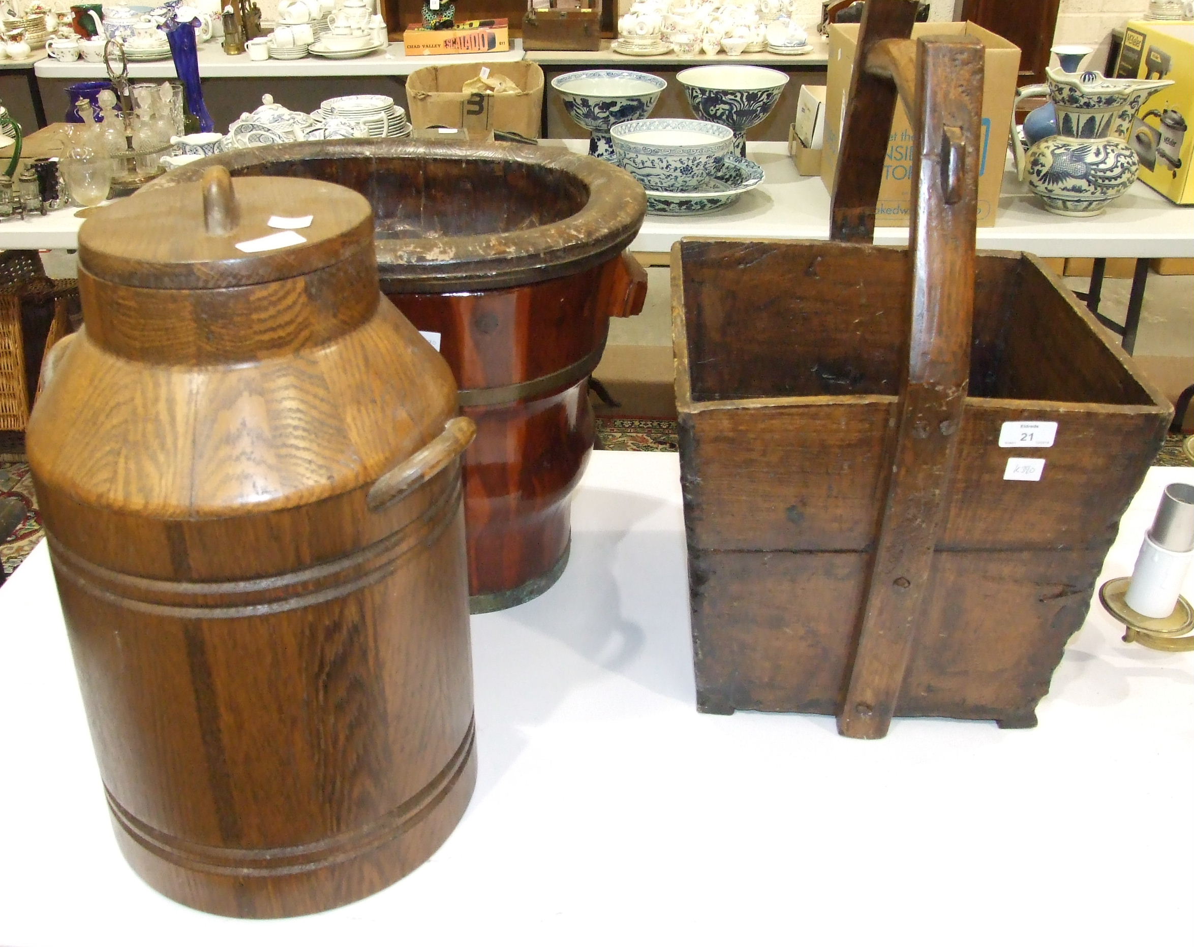 A pegged wood rectangular box with carrying handle, a shaped cedar wood brass-bound container with - Image 2 of 2