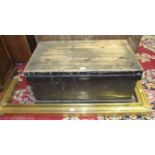 A stained pine dockyard tool box, 86cm wide and a brass-covered fire kerb, (2).