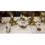 A pair of brass four-branch chandeliers, 61cm diameter, 38cm high.