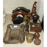 An inlaid mahogany-cased mantel timepiece, 14.5cm high, one other mantel clock, two plated dishes