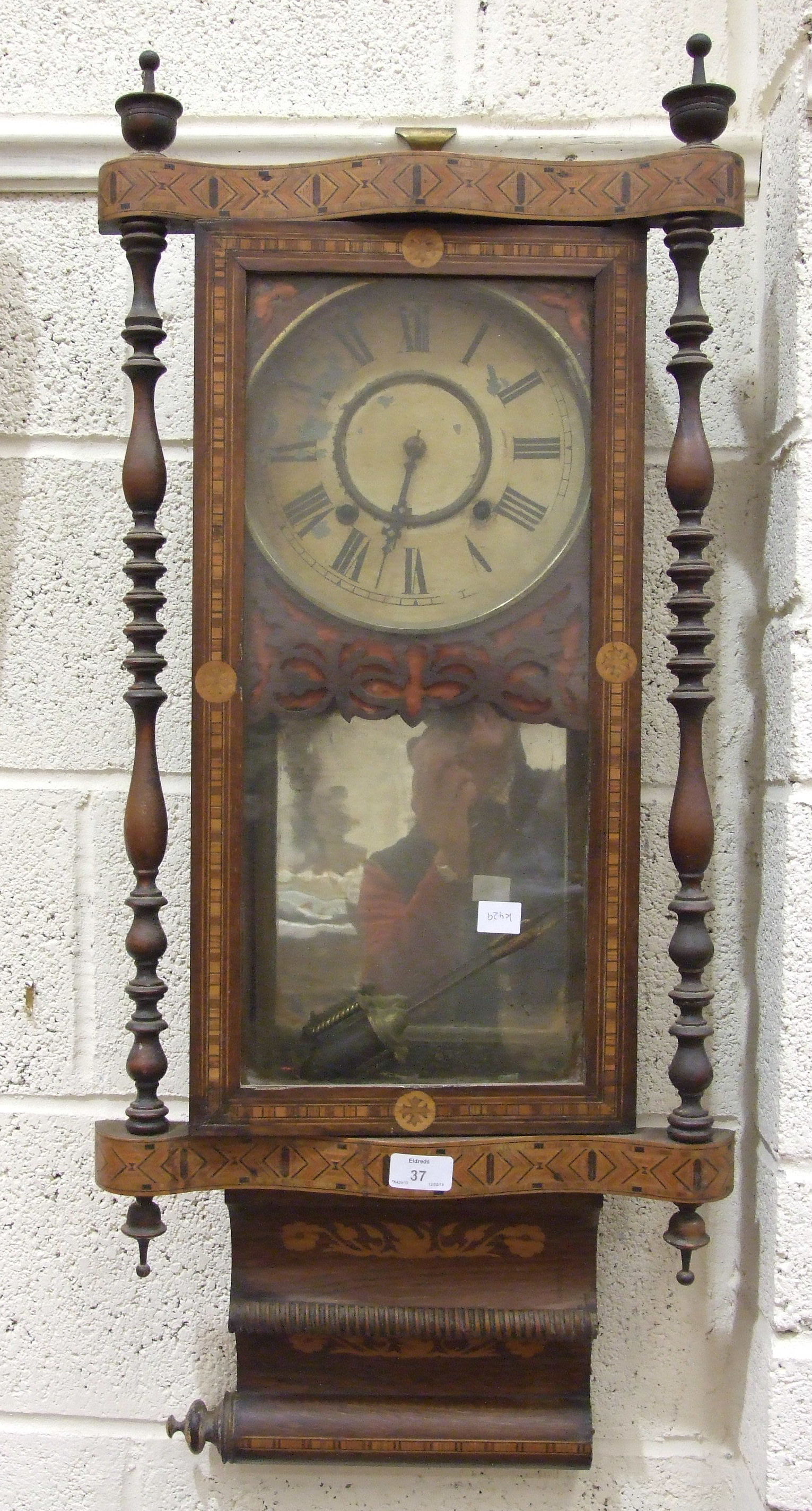 A striking wall clock with inlaid case, 90cm high and two American striking wall clocks, (a/f), (