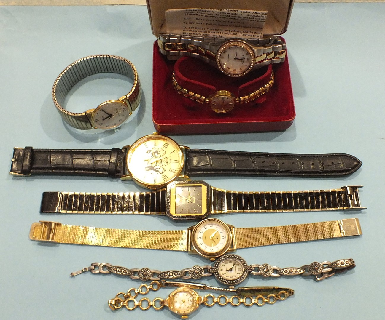 A ladies 9ct-gold-cased Rotary wrist watch on plated expanding bracelet, boxed, a ladies Rotary