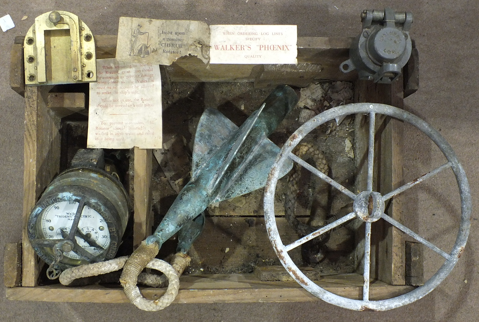 A Walker's "Trident" Electric Ship's Log Mark III, with "Cherub" rotator, wheel and mounting