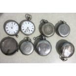 Seven white metal pocket watches, (a/f), including a silver pair-case watch case and various