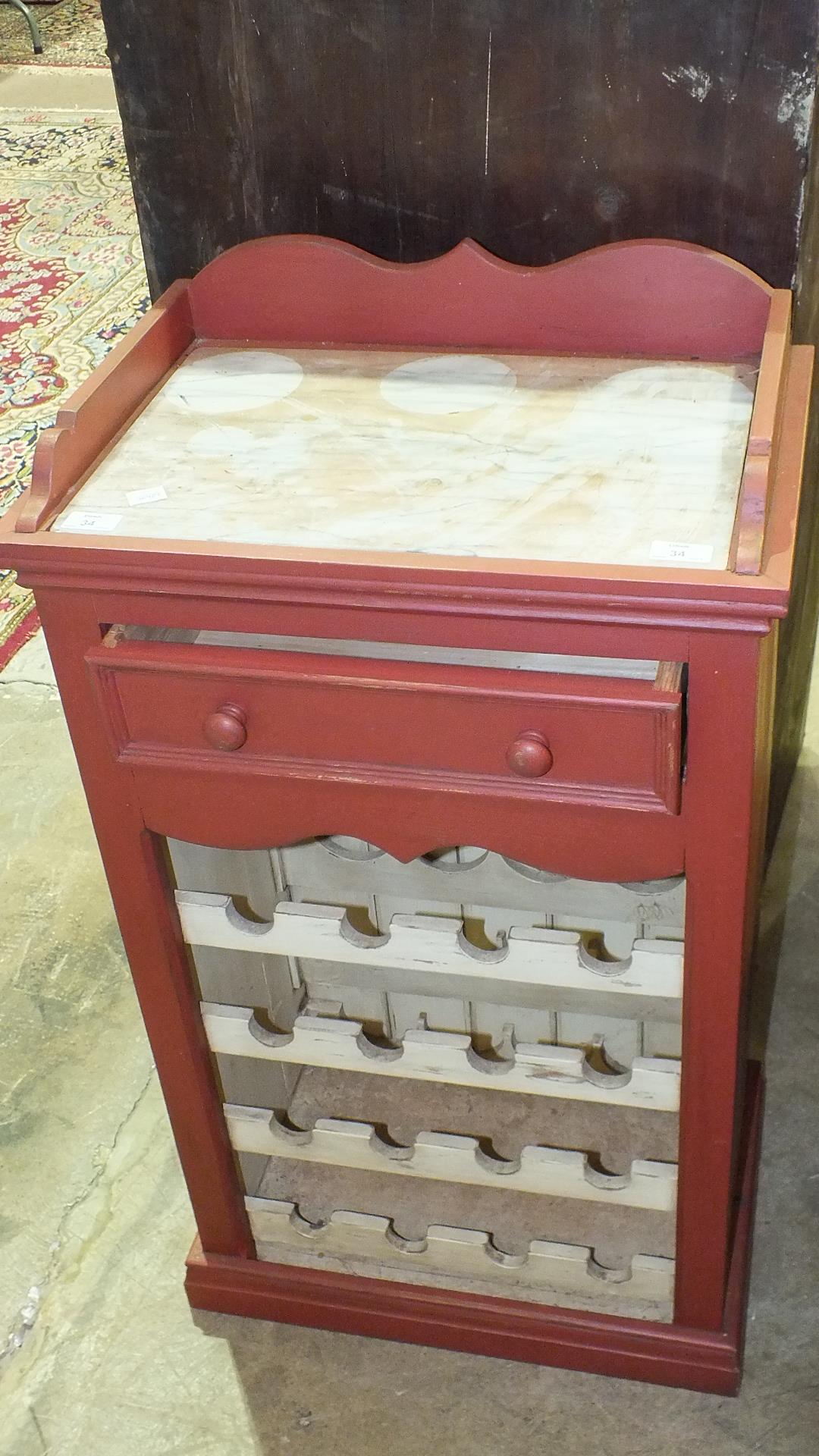 A modern painted wood wine rack/cabinet, the top with inset marble, above a single drawer, 53cm - Image 2 of 2