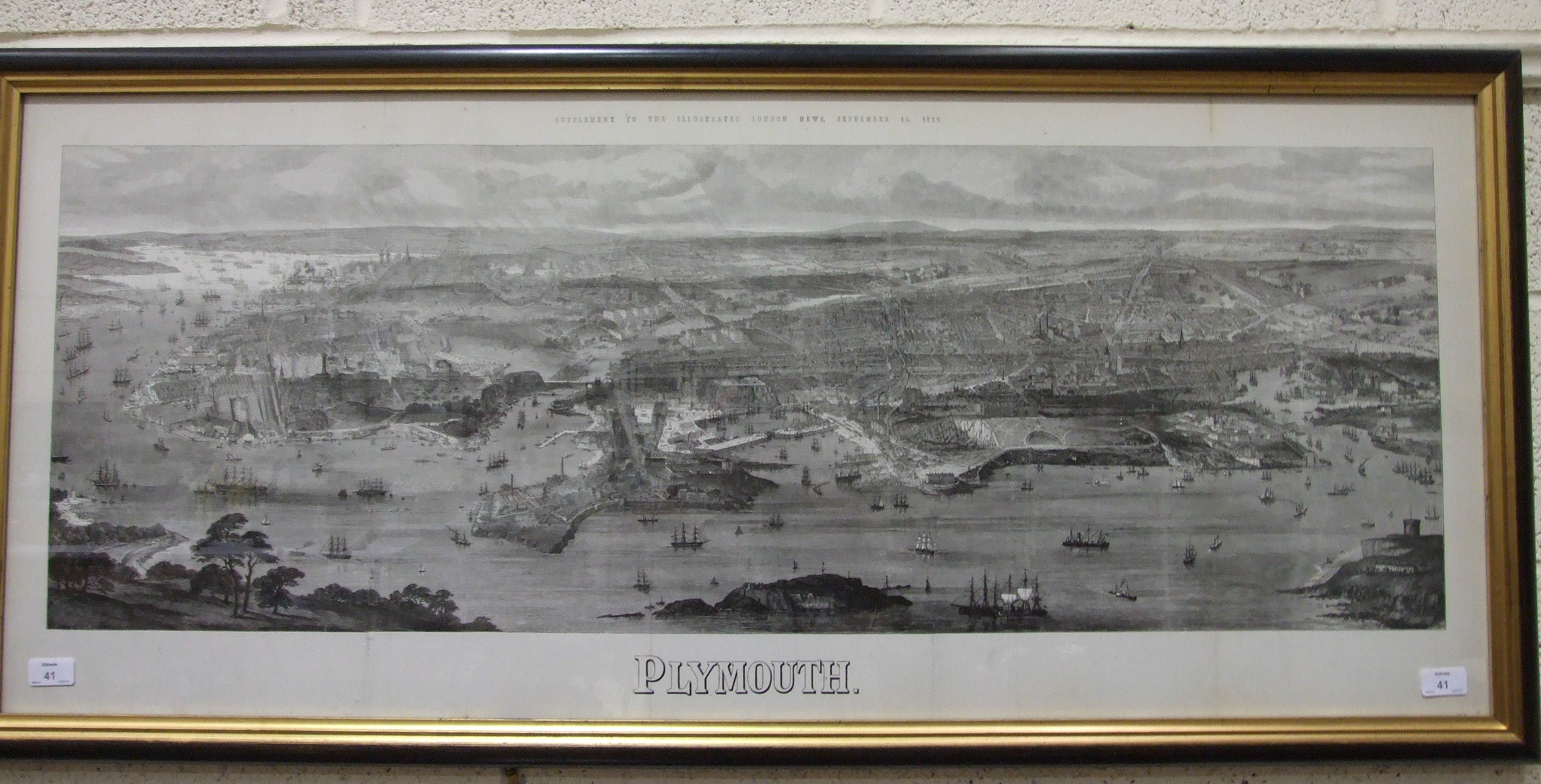 A framed print, 'Panoramic View of Plymouth', a supplement to The Illustrated London News, September