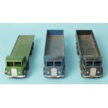 Dinky Toys, 502 Foden flat truck, green and two 501 Foden 8-wheel wagons, all play-worn, (3).