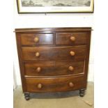 A late-19th century mahogany bow-front chest of two short and three long drawers, on turned legs,