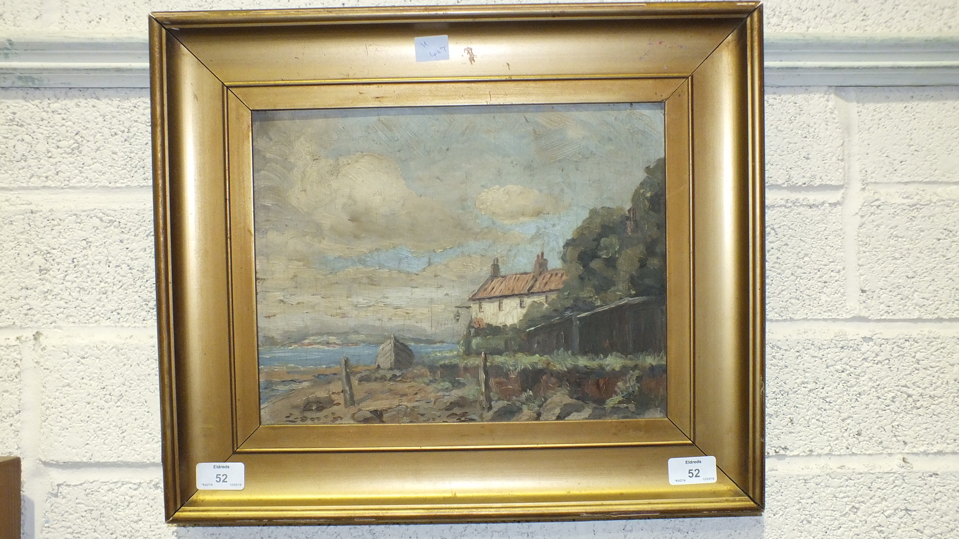 Unsigned, 'Beached hull beside cottage by the sea', oil on board, 25 x 32cm.