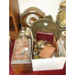 A four-piece EPBM tea service, an Enfield chiming mantel clock, a marquetry two-division tea