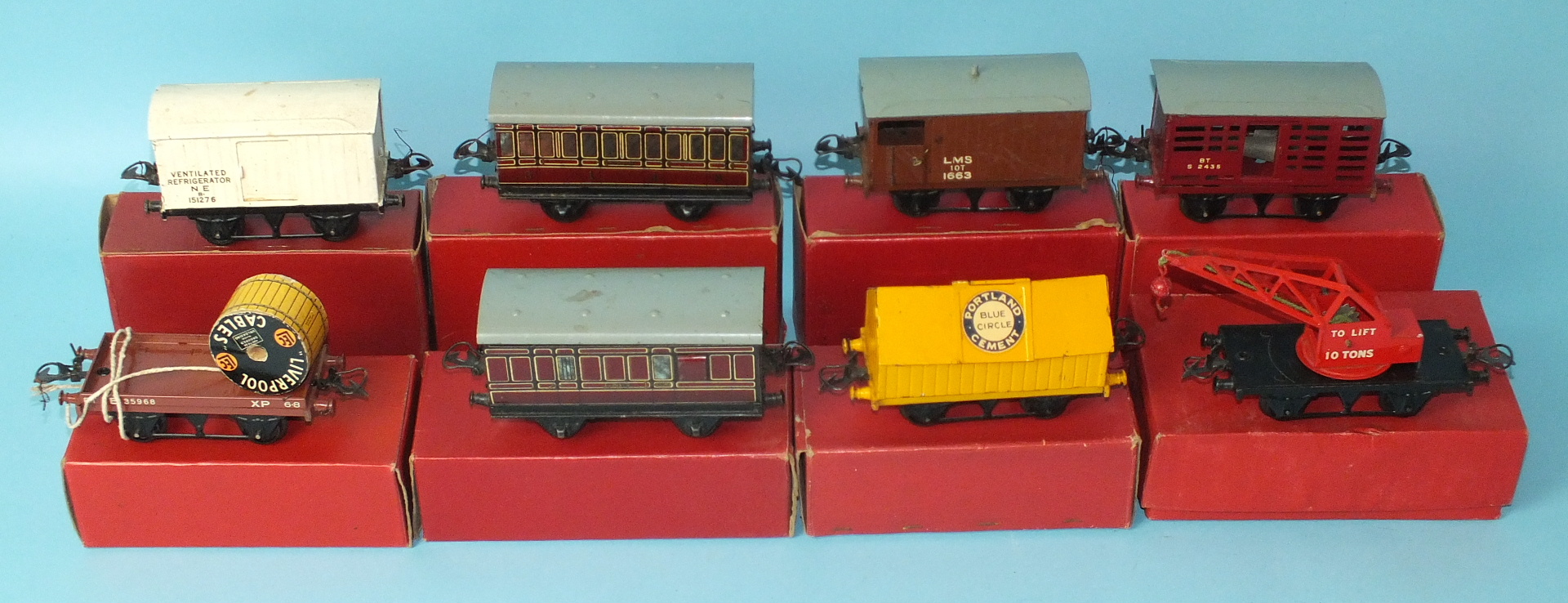 Hornby O Gauge, boxed rolling stock: no.1 Passenger Coach, Passenger Brake, Goods Brake,