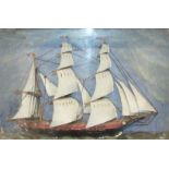 A diorama of a three-masted sailing ship, 32 x 42cm and a small quantity of flags.