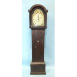 A 19th century oak long case clock, the 12" painted arch dial with seconds and calendar