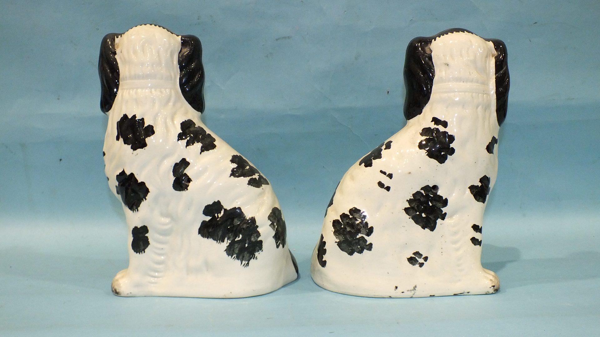 A pair of 19th century Staffordshire pottery spaniel figures with 'Disraeli curl' decoration, (one - Image 2 of 4