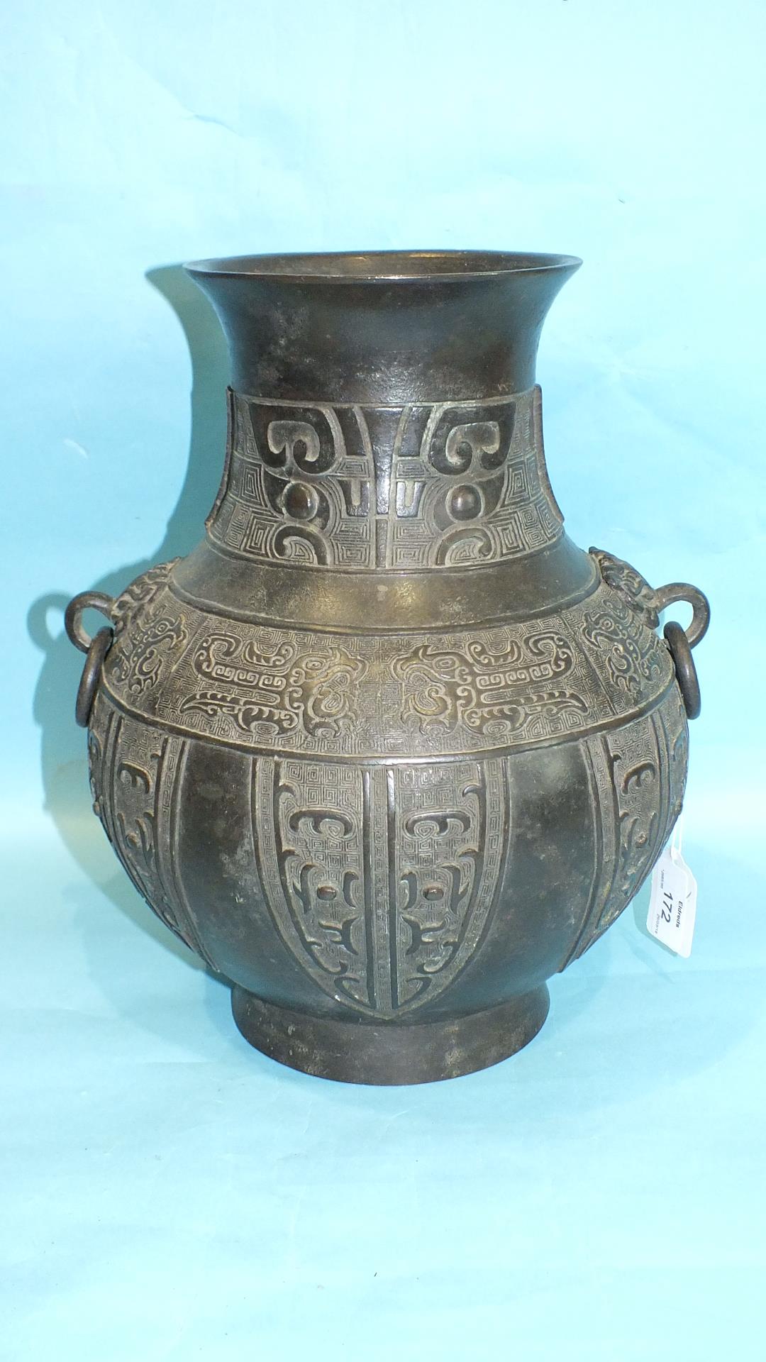 A large 19th century archaic-style Chinese bronze vase with applied ring handles and stylised animal - Image 2 of 7