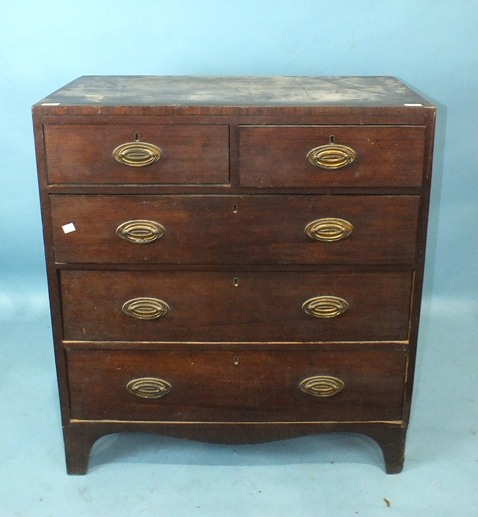 A Georgian mahogany rectangular chest of two short and three long drawers, on bracket feet, 91cm