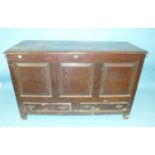 An 18th century oak mule chest, the hinged lid above fielded plain panels and two base drawers,